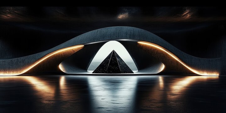 Futuristic dark interior with illuminated curved architectural structure framing a glowing black pyramid in the center reflecting on a smooth floor - Powered by Adobe