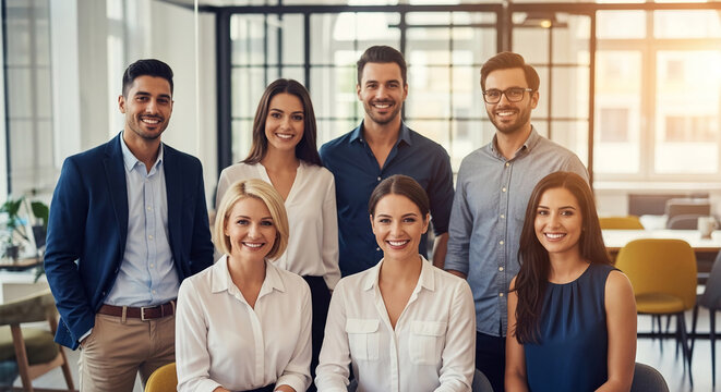 Group of seven smiling people in office attire posing indoors, representing corporate team, collaboration, and workplace diversity, perfect for business concepts