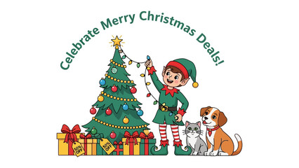 Festive Cheer: A cheerful elf decks the halls, adorning a Christmas tree, as a kitten and puppy eagerly anticipate the holiday spirit. Capturing the season's magic with delight and fun!