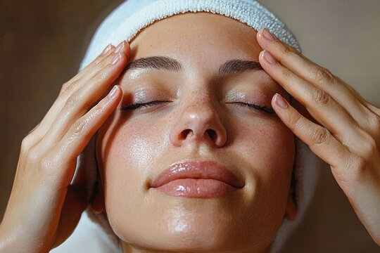 Close-up of a woman with closed eyes and relaxed expression gently touching her temples while wearing a white headband