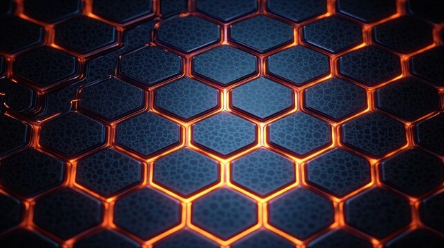 Close-up view of glowing orange hexagonal tiles with textured dark blue surfaces forming a honeycomb pattern emitting light and creating a futuristic abstract effect