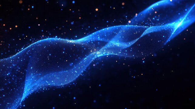 Flowing vibrant blue waves with sparkling particles creating a sense of motion and ethereal light against a dark background