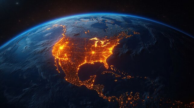 Satellite view of North America at night showing city lights illuminating the United States, Mexico, Canada, and parts of Central America with a glowing atmosphere