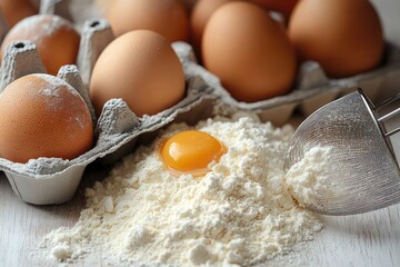 Close-up of fresh brown eggs in a carton with one cracked egg yolk nestled in a pile of white flour next to a metal flour sifter on a wooden surface
