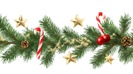 Festive christmas garland with pine branches, gold stars, candy canes, and pine cones on black background