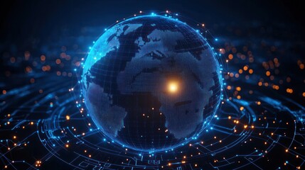 Digital glowing globe with network connections illustrating global data flow and technology integration under dark background emitting blue and orange lights
