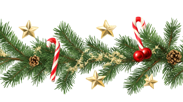 Festive christmas garland with pine branches, gold stars, candy canes, and pine cones on black background