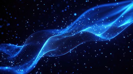 Glowing blue wave of particles flowing in a dark space, creating a dynamic and ethereal effect with sparkling dots surrounding the smooth ribbon