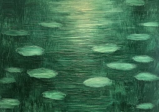 Abstract green water surface with light reflections and several scattered lily pads creating a calm and serene atmosphere