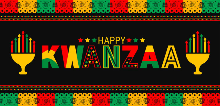 Celebrate Kwanzaa with vibrant red, green, and yellow colors! A festive design featuring the kinara candles and bold Happy Kwanzaa text to honor African culture, unity, and heritage during the holiday