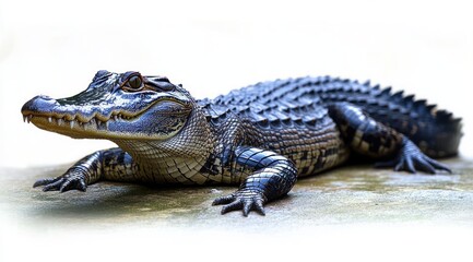 Naklejka premium Close-up of a young alligator resting on a textured surface with detailed scales and a calm expression in bright natural light