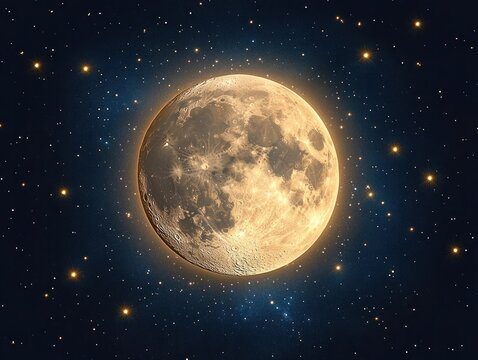 Bright full moon glowing with detailed craters surrounded by numerous sparkling stars in a deep night sky