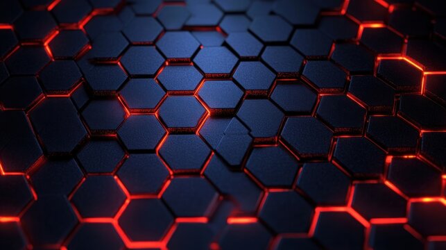 dark metallic hexagonal tiles with glowing red edges creating a futuristic and high-tech honeycomb pattern