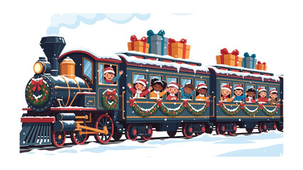 Holiday Express: A cheerful holiday train adorned with festive decorations carries delighted passengers through a snowy wonderland, filled with joy and anticipation for the season.