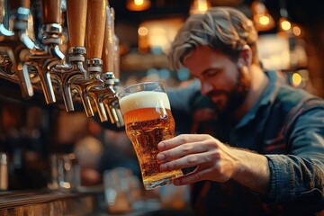 bartender pouring a glass of beer from a tap in a warm, cozy bar setting with wooden handles and blurred background lights