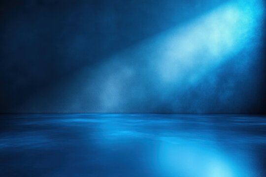 mysterious deep blue water surface illuminated by a single beam of bright light piercing through a misty atmosphere