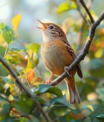 small brown bird perched on a branch singing surrounded by green and yellow leaves in soft sunlight