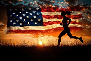 silhouette of a woman running at sunset with a large american flag overlay in the sky and grass foreground