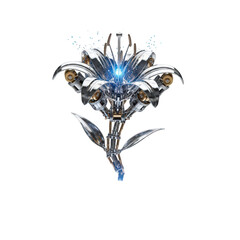 A futuristic mechanical flower with metallic petals and glowing blue light at its center, isolated on a transparent background