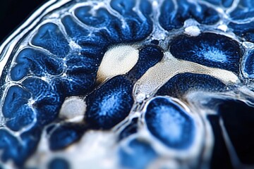 Close-up detailed image of a brain cross-section showing blue and beige textured areas with intricate patterns and cellular structures
