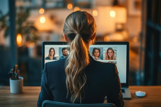 Person participating in a video conference call with four colleagues on a laptop in a cozy office setting with warm lighting