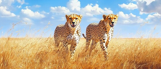 Two cheetahs walking through tall dry grass in an open savanna under a bright blue sky with white clouds