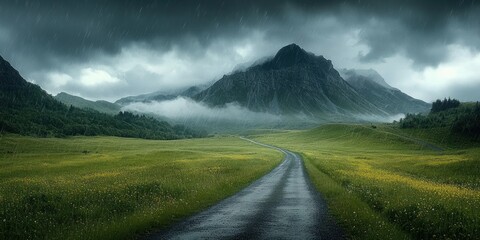 wet winding road through green fields with wildflowers leading to misty mountain under dark cloudy sky and rain