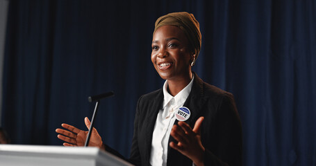 Black woman, podium and political speech at convention for democracy, press conference and election...