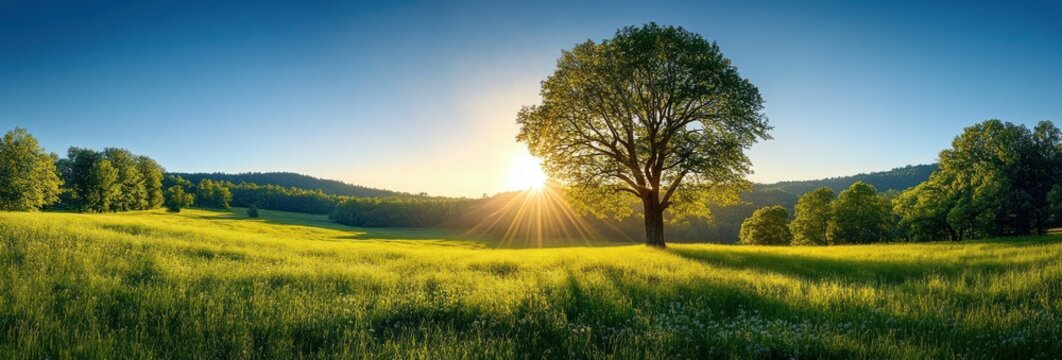 Sunset over a green grassy field with a large tree casting long shadows and rolling hills in the background under a clear blue sky - Powered by Adobe