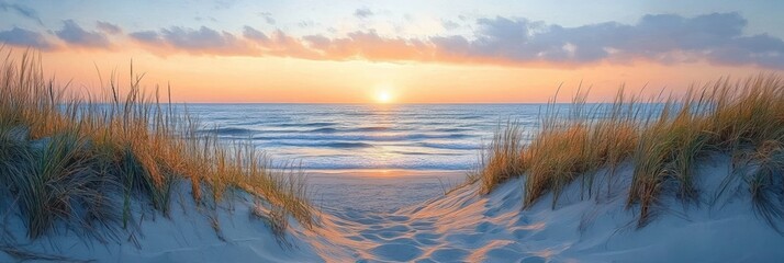 Serene sandy beach pathway through dunes with tall grass leading to calm ocean water at sunrise under colorful cloudy sky