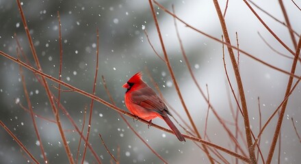 A vibrant male northern cardinal perched on a winter branch amidst gentle falling snow flakes depicting serenity