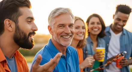 Group of smiling people outdoors in warm sunset light, having a barbecue and drinks, suggesting friendship, happiness, and casual gathering