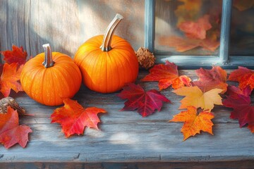 Two small bright orange pumpkins surrounded by colorful autumn leaves on rustic wooden surface with soft natural light casting shadows