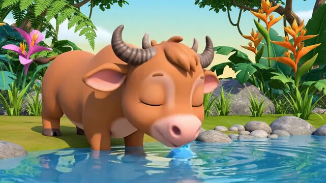 A cartoon depiction of an anoa drinking from a small pond, designed in a child-friendly illustration style for wildlife education and storytelling.