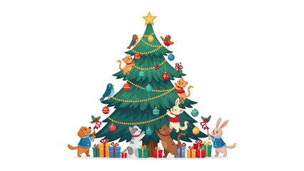 Festive Christmas Tree and Friends: A meticulously illustrated Christmas tree, adorned with twinkling lights and festive decorations, stands tall and proud.