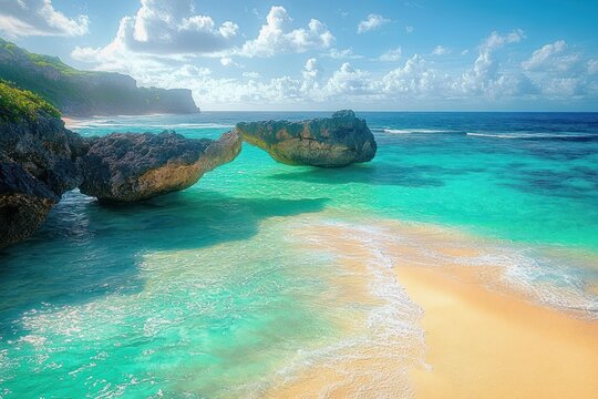 Clear turquoise sea waves gently washing onto a golden sandy beach with large rocky cliffs and green foliage under a bright blue sky with scattered clouds