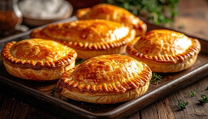 Golden Brown Savory Pies with Flaky Pastry Crust Served on a Rustic Wooden Surface with Fresh Herbs Sprinkled Around