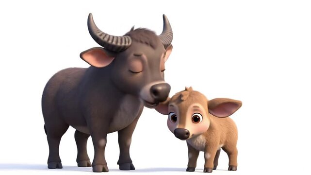 A sweet cartoon depiction of a mother and baby anoa together. The family scene emphasizes nurturing and wildlife connection, ideal for educational content and children&rsquo;s story visuals.