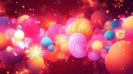 Fototapeta premium Vibrant and colorful glowing spheres of various sizes with swirling patterns and spark-like bursts against a deep red background creating a festive and energetic atmosphere