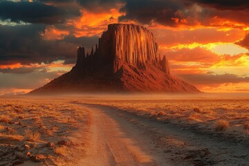 Dramatic sunset illuminating a towering desert rock formation with a winding dirt road leading through dry grasslands under a vibrant orange and dark cloudy sky