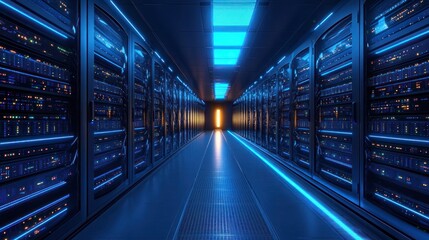 Fototapeta premium Symmetrical corridor inside a modern data center with rows of illuminated server racks and futuristic blue lighting creating a high-tech atmosphere
