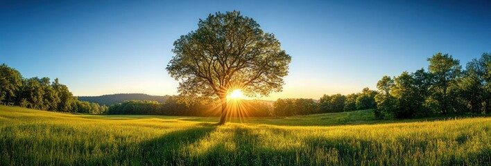 Sunlight radiating through a large solitary tree in the middle of a lush green field with surrounding forest under a clear blue sky at sunset