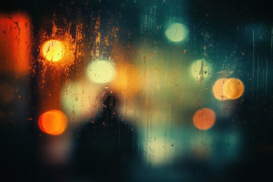 blurred silhouette of a person behind a rain-soaked window with multicolored city lights creating a moody and reflective atmosphere at night