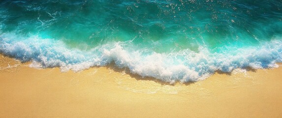Clear turquoise ocean waves gently crashing onto a golden sandy beach under bright sunlight