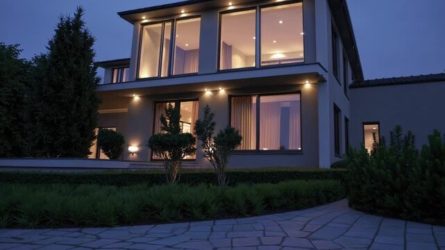 Twilight video of a modern house with large windows, captured from a low angle, highlighting the warm interior lights and sleek architecture.