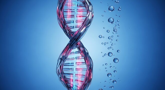 A visually striking 3d rendering of a dna double helix illustration with vibrant color accents and aquatic elements.