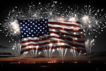 Large american flag waving at dusk with bright fireworks exploding in the night sky behind it over a distant cityscape