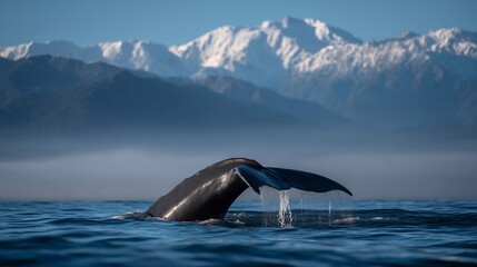 Fototapeta premium Majestic Whale Tail Rising from the Ocean with Mountainous Backdrop at Sunset