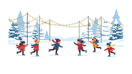 Winter Wonderland Play: A group of children skating in a snowy winter wonderland, capturing the magic of the season, surrounded by snow-covered trees and a festive string of lights above. 