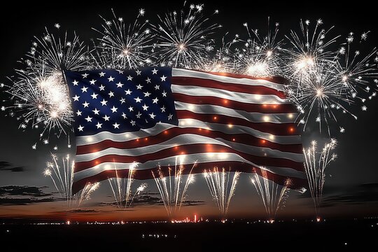 Large american flag waving at dusk with bright fireworks exploding in the night sky behind it over a distant cityscape - Powered by Adobe